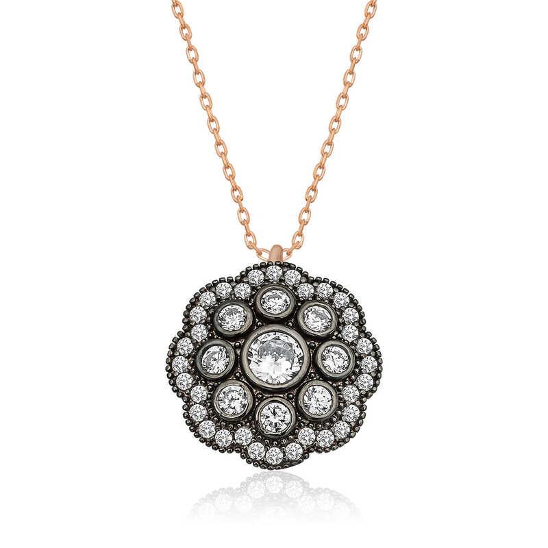 Silver Flower Patterned Diamond Mounted Necklace