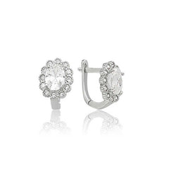 Silver Oval Stone Flower Earrings