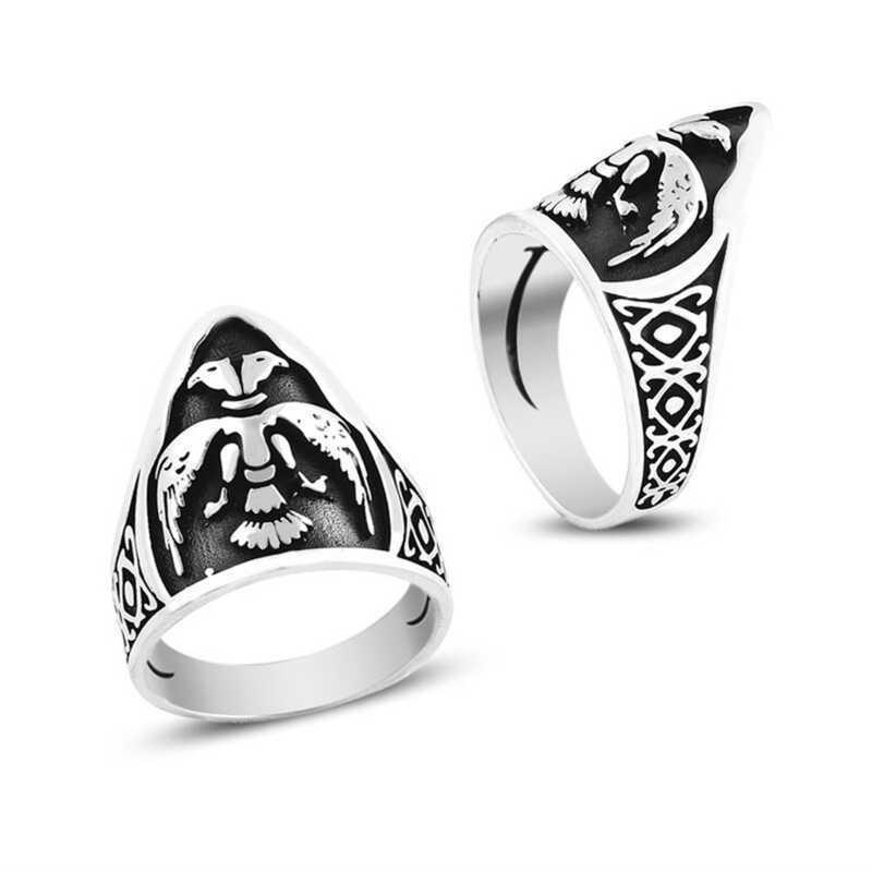 Bague pour homme en argent avec aigle à deux têtes et pouce 