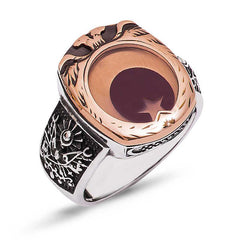 Silver Double Headed Eagle Patterned Crescent Star Men's Ring