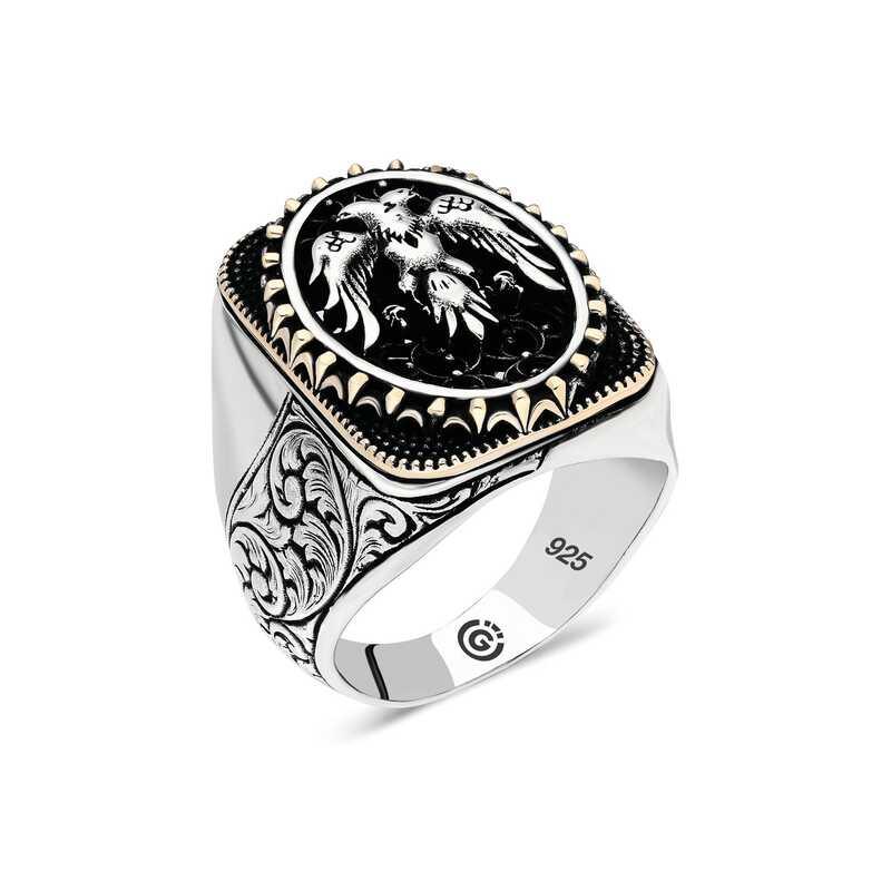 Bague ovale en argent avec aigle à deux têtes pour homme