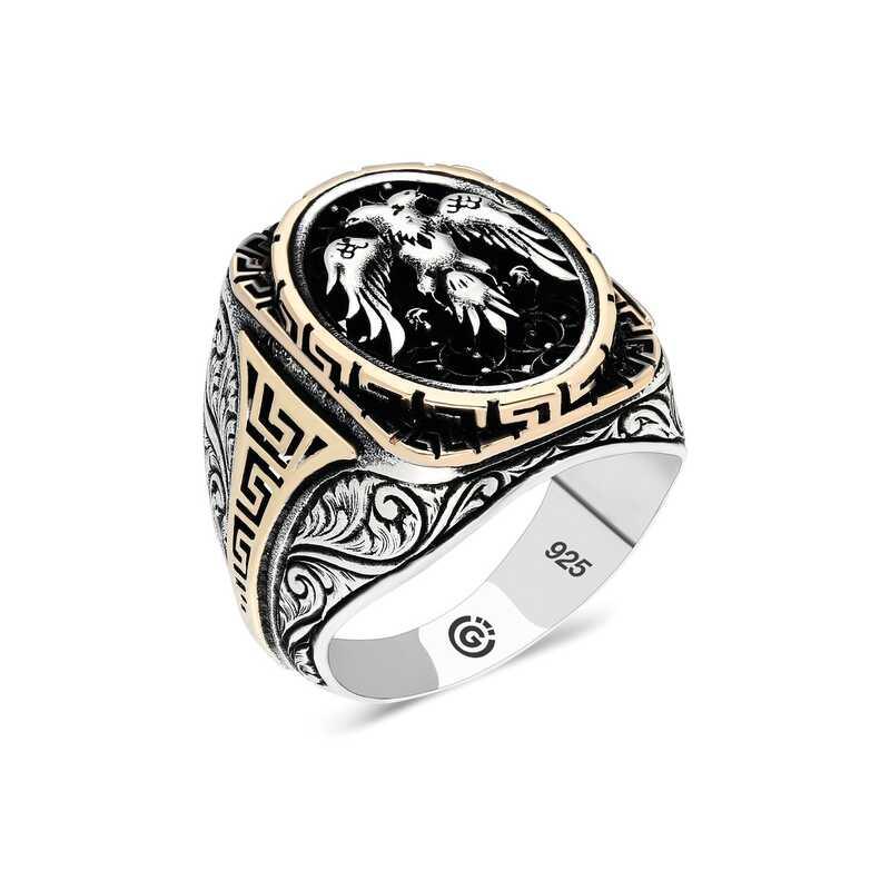 Silver Double Headed Eagle Oval Men's Ring