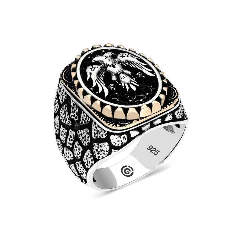 Bague ovale en argent avec aigle à deux têtes pour homme