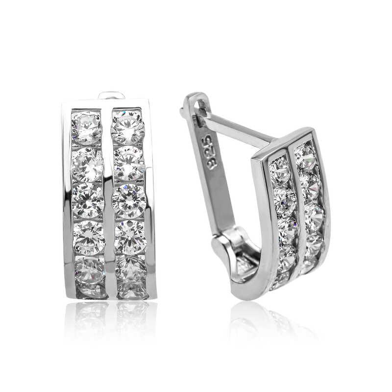 Silver Double Row White Stone J Women's Earrings