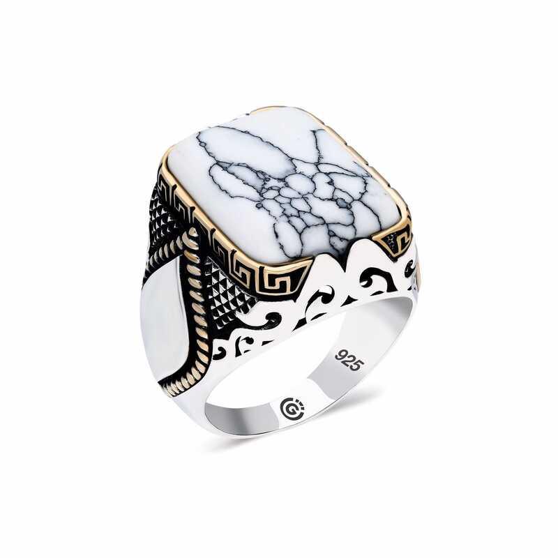 Bague homme en argent avec pierre blanche à rayures et angle