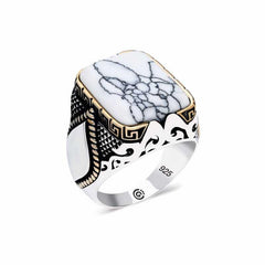 Bague homme en argent avec pierre blanche à rayures et angle