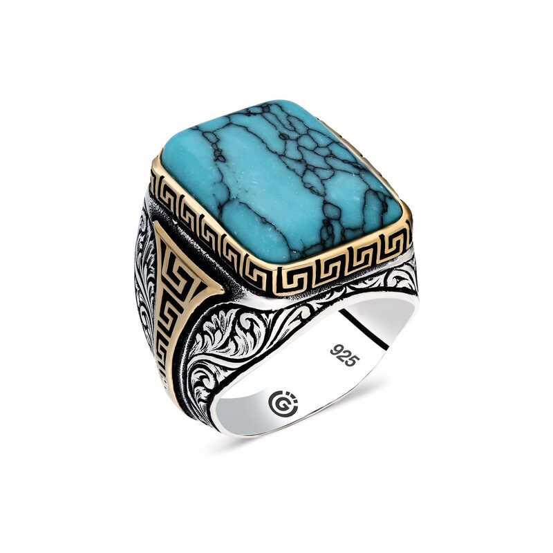 Bague pour homme en argent avec pierre turquoise à rayures et angle