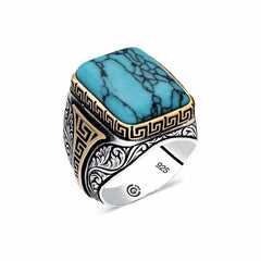 Bague pour homme en argent avec pierre turquoise à rayures et angle