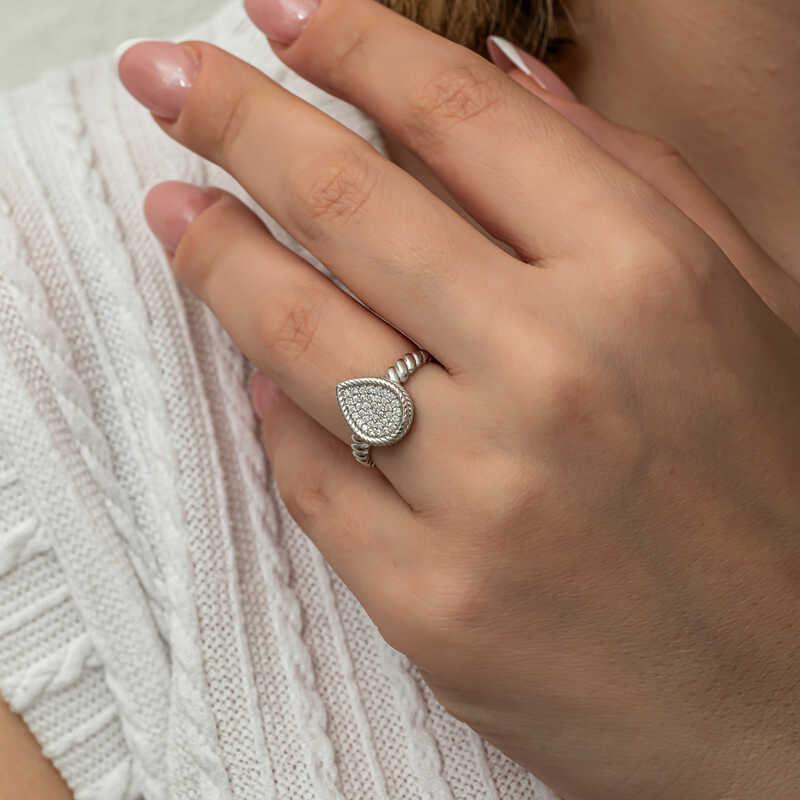 Silver Drop Zircon Stone Women's Ring