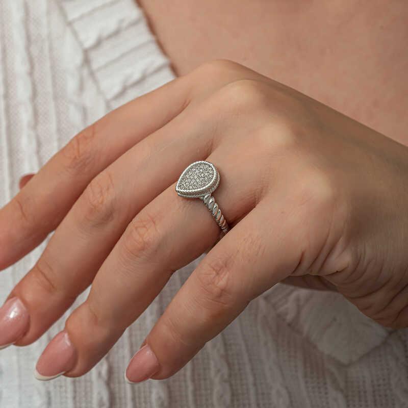 Silver Drop Zircon Stone Women's Ring