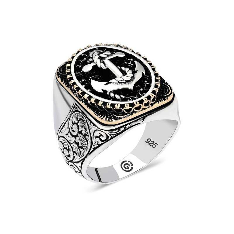 Bague ovale en argent pour homme avec ancre marine
