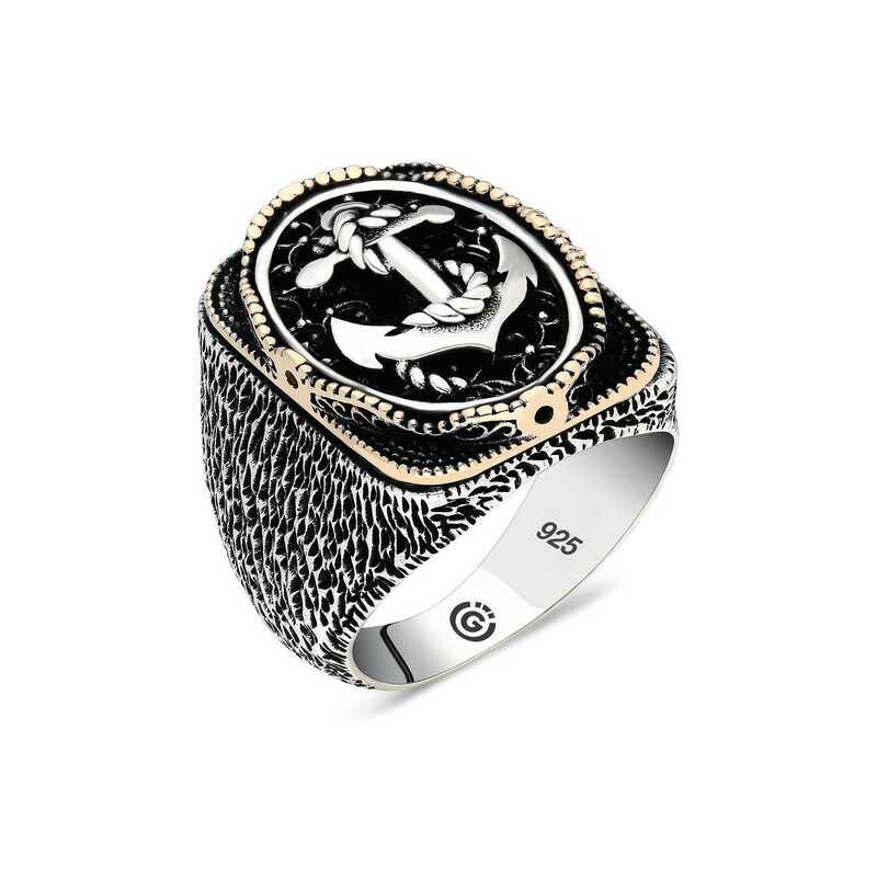 Bague ovale en argent pour homme avec ancre marine