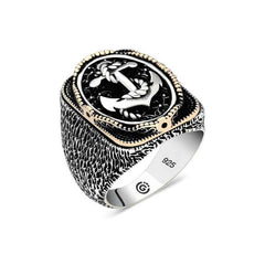 Bague ovale en argent pour homme avec ancre marine