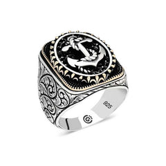 Bague ovale en argent pour homme avec ancre marine