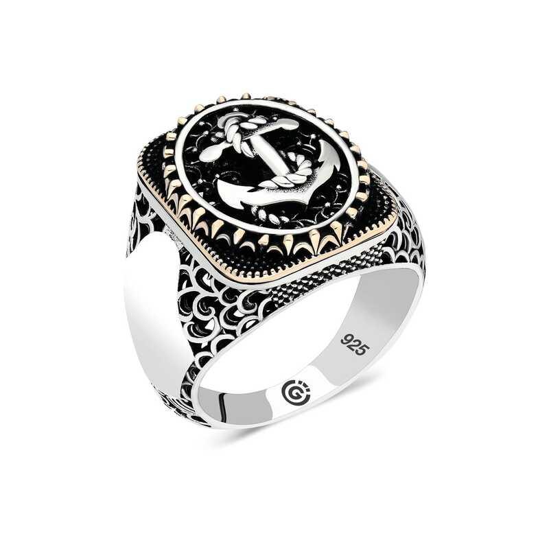 Bague ovale en argent pour homme avec ancre marine