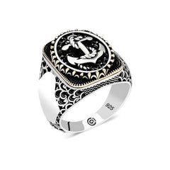 Bague ovale en argent pour homme avec ancre marine