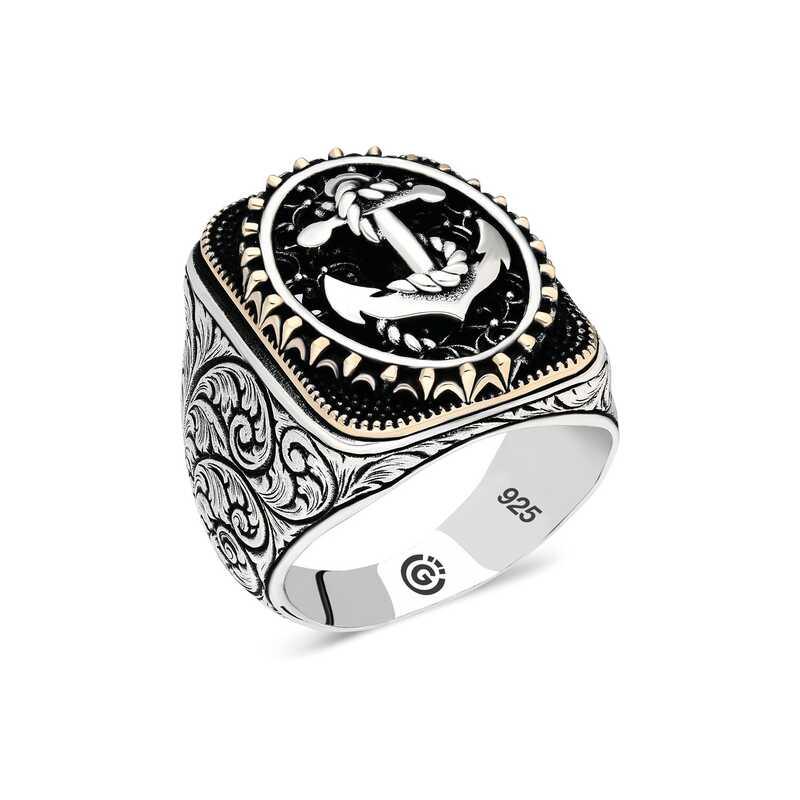 Bague ovale en argent pour homme avec ancre marine