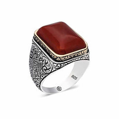 Bague carrée en zircon rouge à motifs argentés pour homme