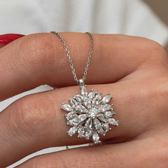 Silver Swirling Snowflake Lotus Flower Necklace