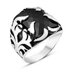 Silver Black Stone Flame Men's Ring