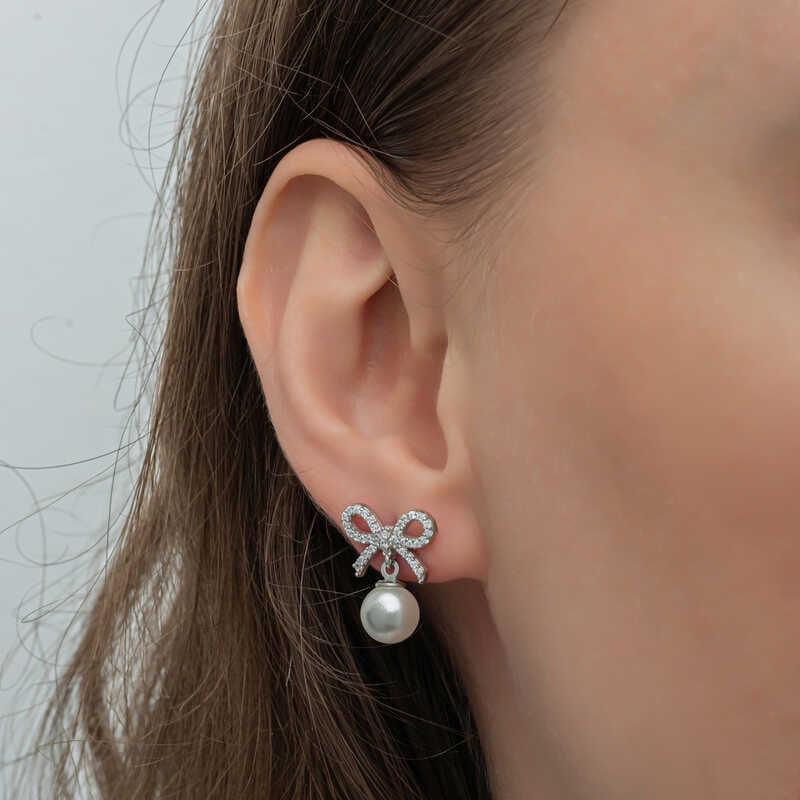 Silver Bow Pearl Women Stud Earrings