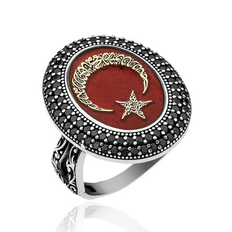 Bague pour femme en argent avec croissant et étoile gravés de l'alphabet turc