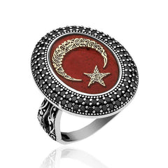 Bague pour femme en argent avec croissant et étoile gravés de l'alphabet turc