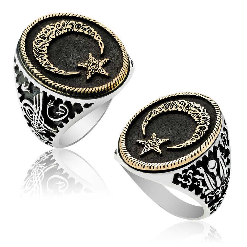 Bague pour homme en argent avec croissant et étoile gravés de l'alphabet turc