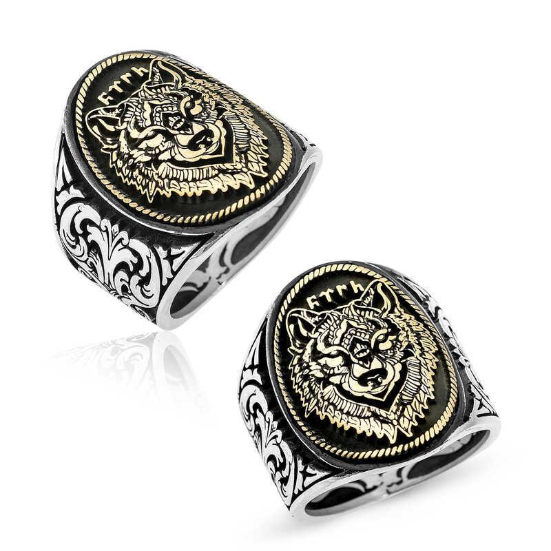 Silver Gokturkish Turkish Written Wolf Head Men's Ring
