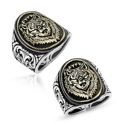 Silver Gokturkish Turkish Written Wolf Head Men's Ring