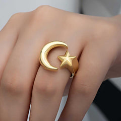 Silver Gold Crescent Star Women's Ring