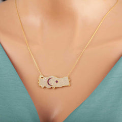 Collier pour femme avec croissant de lune et étoile en argent et or, carte de la Turquie