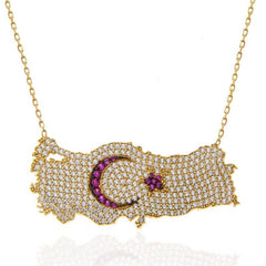 Collier pour femme avec croissant de lune et étoile en argent et or, carte de la Turquie