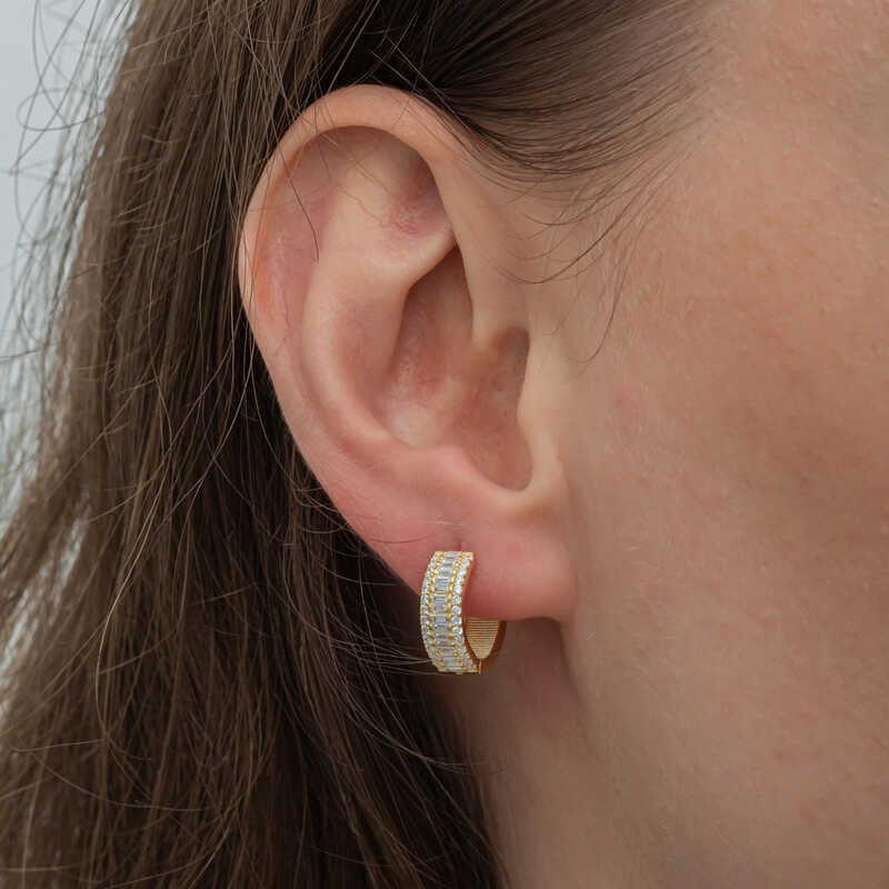 Silver Gold Baguette Row Stone Hoop Earrings