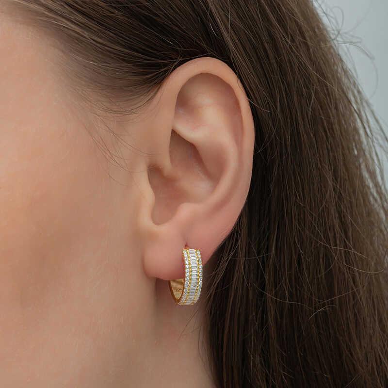 Silver Gold Baguette Row Stone Hoop Earrings