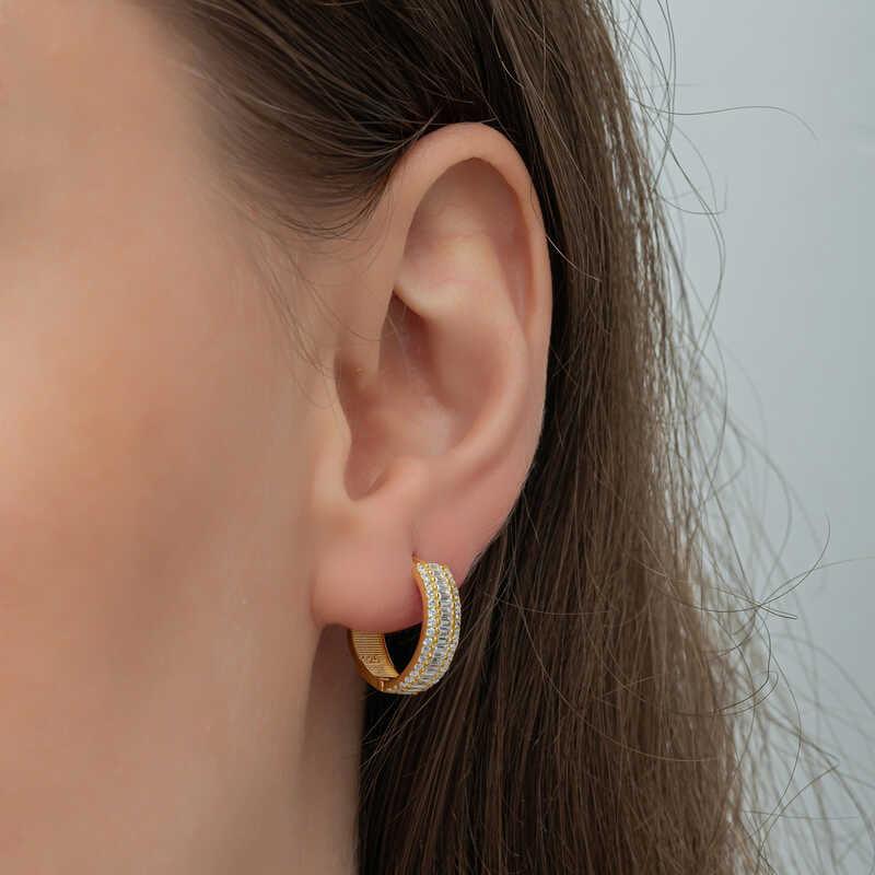 Silver Gold Baguette Row Stone Hoop Earrings
