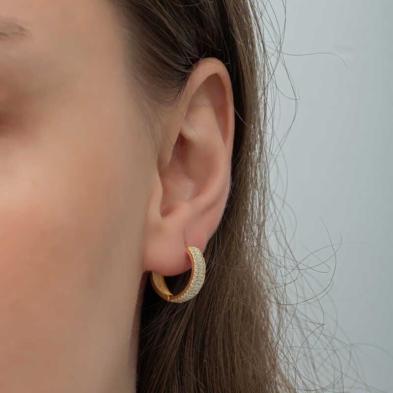 Silver Gold Baguette Row Stone Hoop Earrings