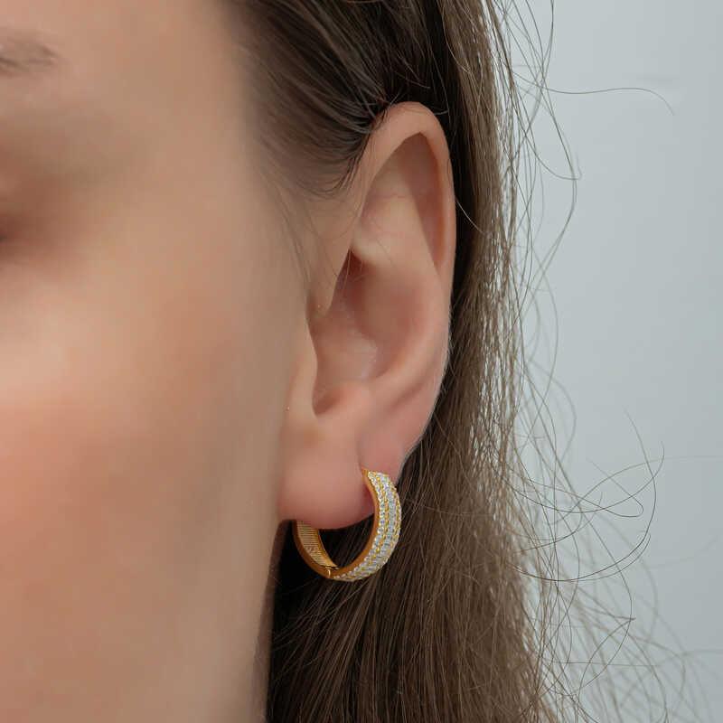 Silver Gold Baguette Row Stone Hoop Earrings