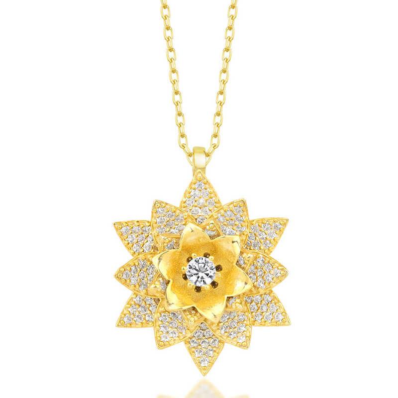 Collier femme fleur de lotus en argent, or et pierre blanche
