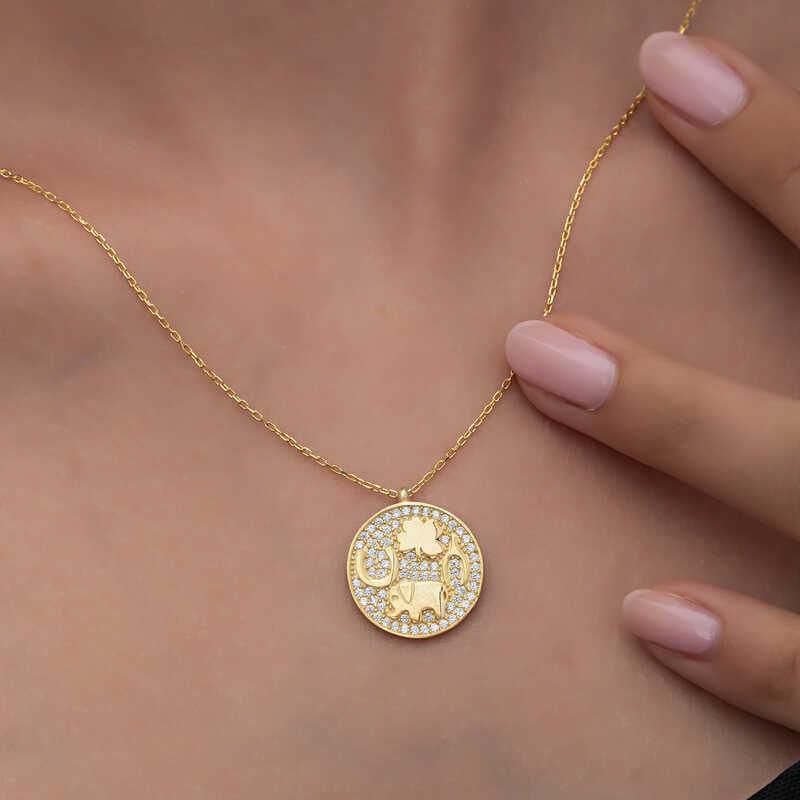 Collier porte-bonheur pour femme avec motif éléphant en argent et or