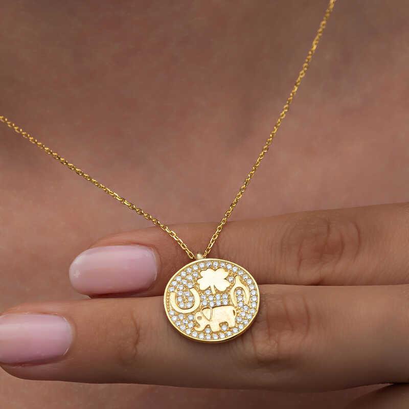 Collier porte-bonheur pour femme avec motif éléphant en argent et or