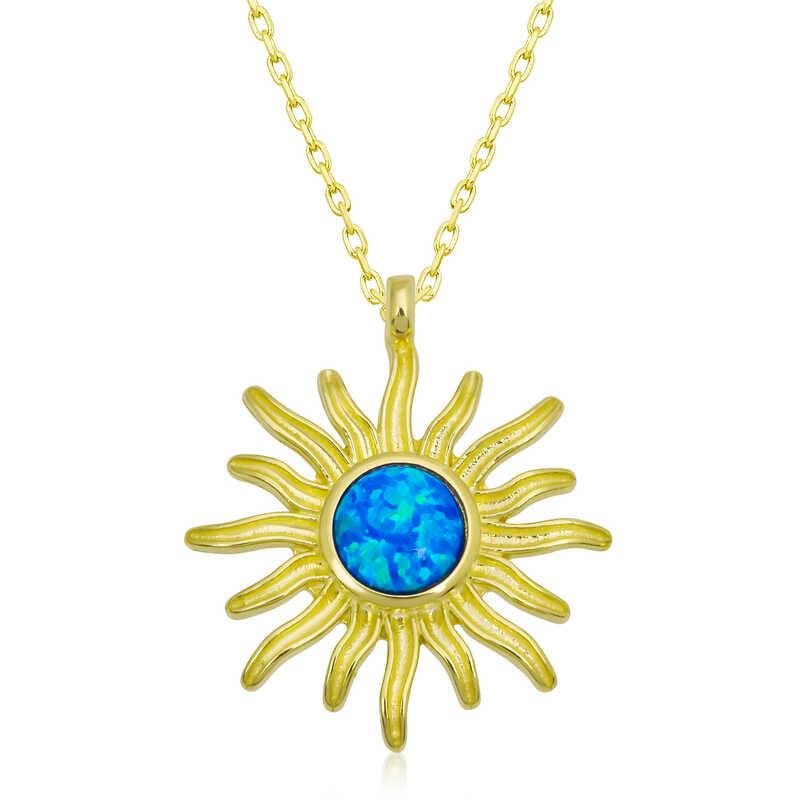 Silver Gold Blue Opal Stone Sun Women's Necklace