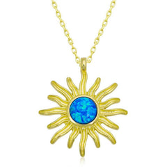 Silver Gold Blue Opal Stone Sun Women's Necklace