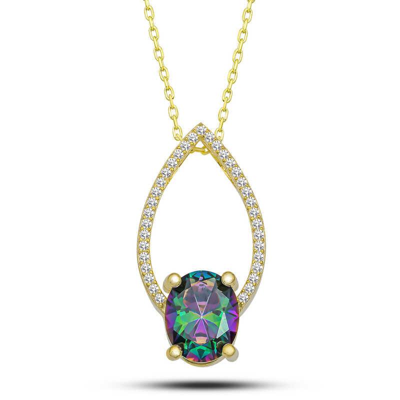 Silver Gold Oval Mystic Topaz Stone Drop Women's Necklace