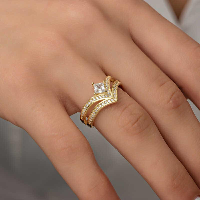 Silver Gold Single Stone Women's Ring