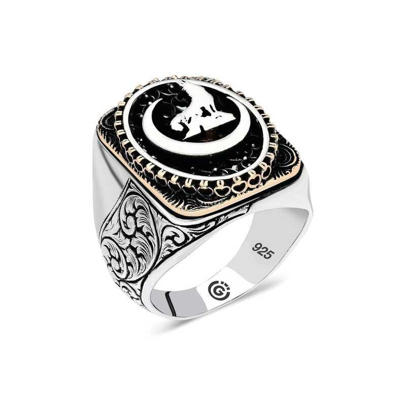 Bague ovale pour homme en argent avec motif loup gris et croissant