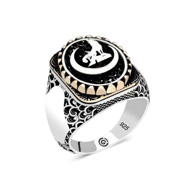 Silver Crescent Grey Wolf Oval Men's Ring