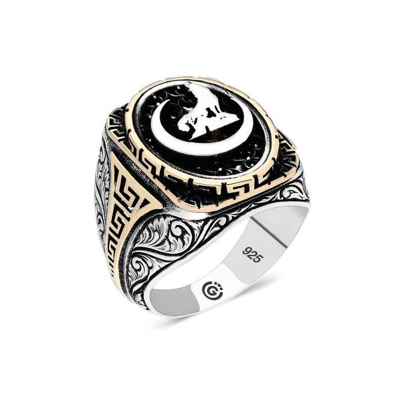 Silver Crescent Grey Wolf Oval Men's Ring