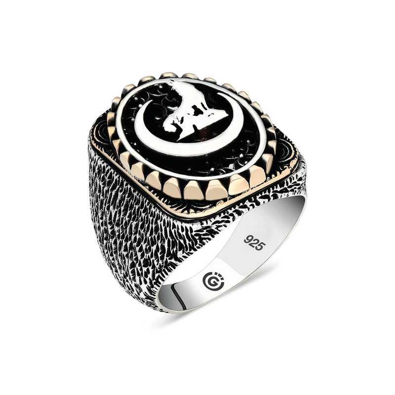 Silver Crescent Grey Wolf Oval Men's Ring