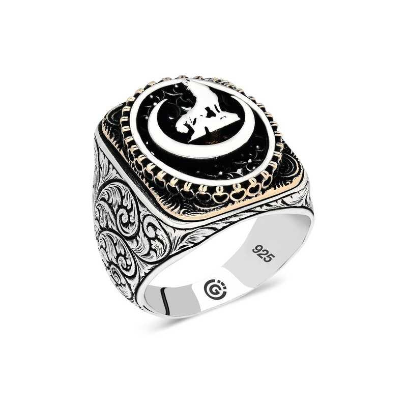 Silver Crescent Grey Wolf Oval Men's Ring
